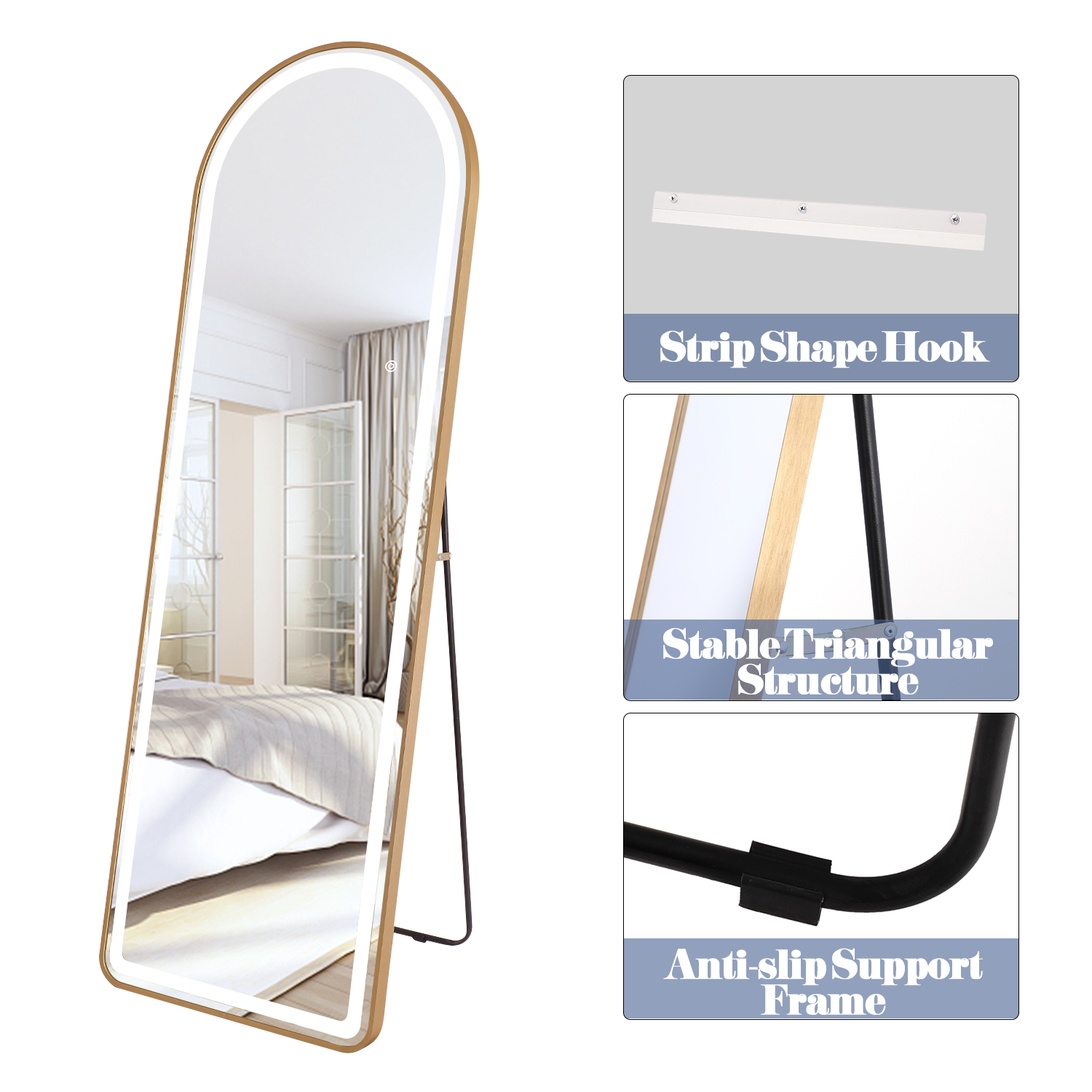 LED Full Length Mirror With Lights Arched Aluminum Adjustable Lighting High Visibility