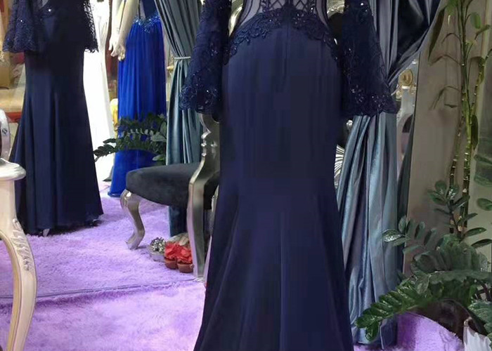 Top Backless Navy Blue Mermaid Dress / Sweep Train Prom Dress Long Horn Sleeve