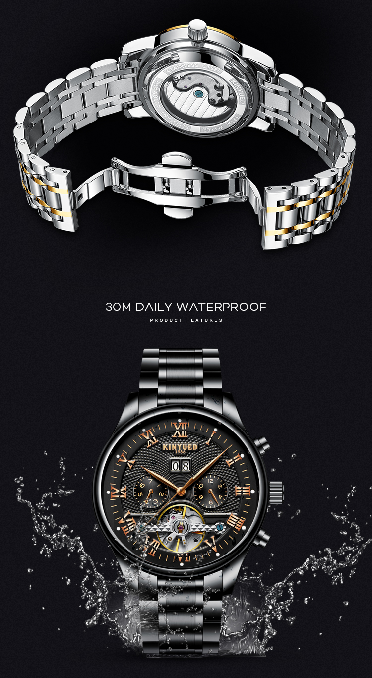 Fashion Stainless Steel Tourbillon Movement Mens Watch Waterproof KINYUED Automatic Mechanical Watches