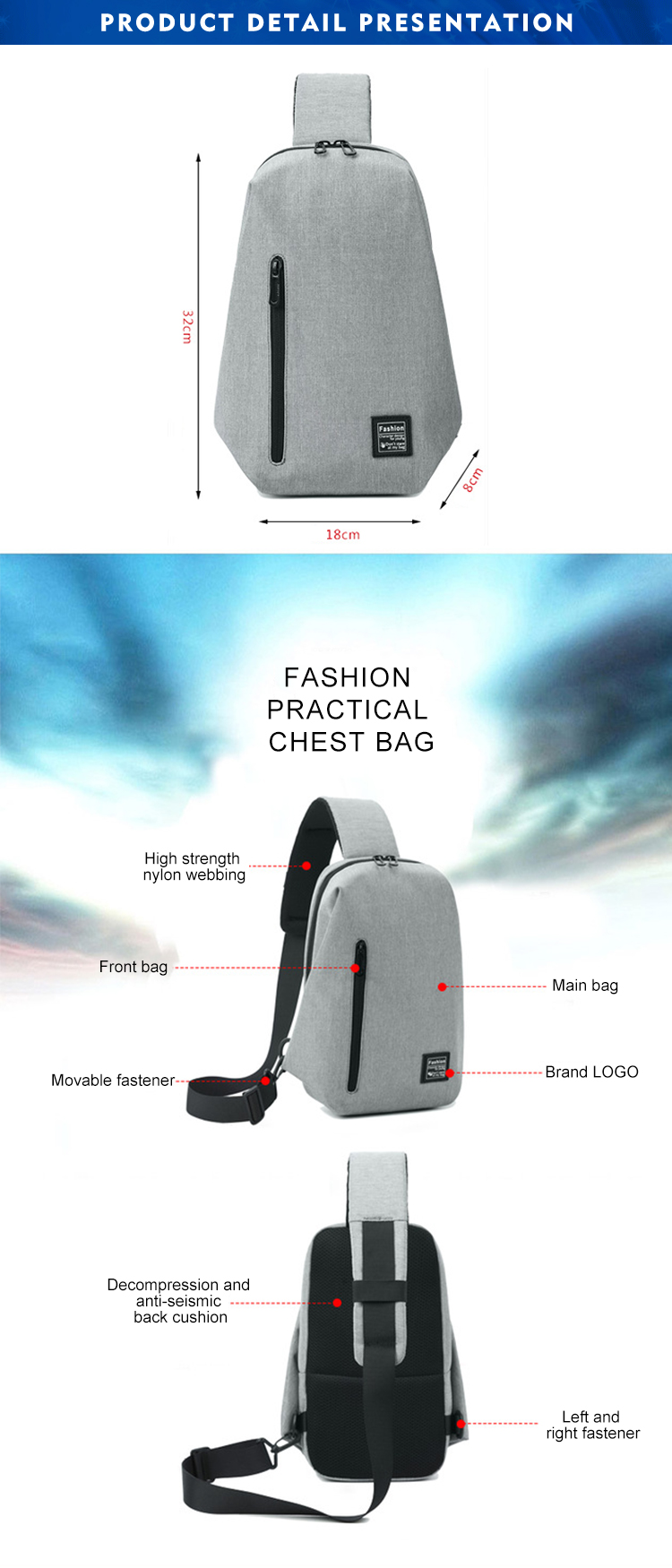 ISO9001 Wear Resistant Mens One Strap Backpack 18*8*32cm