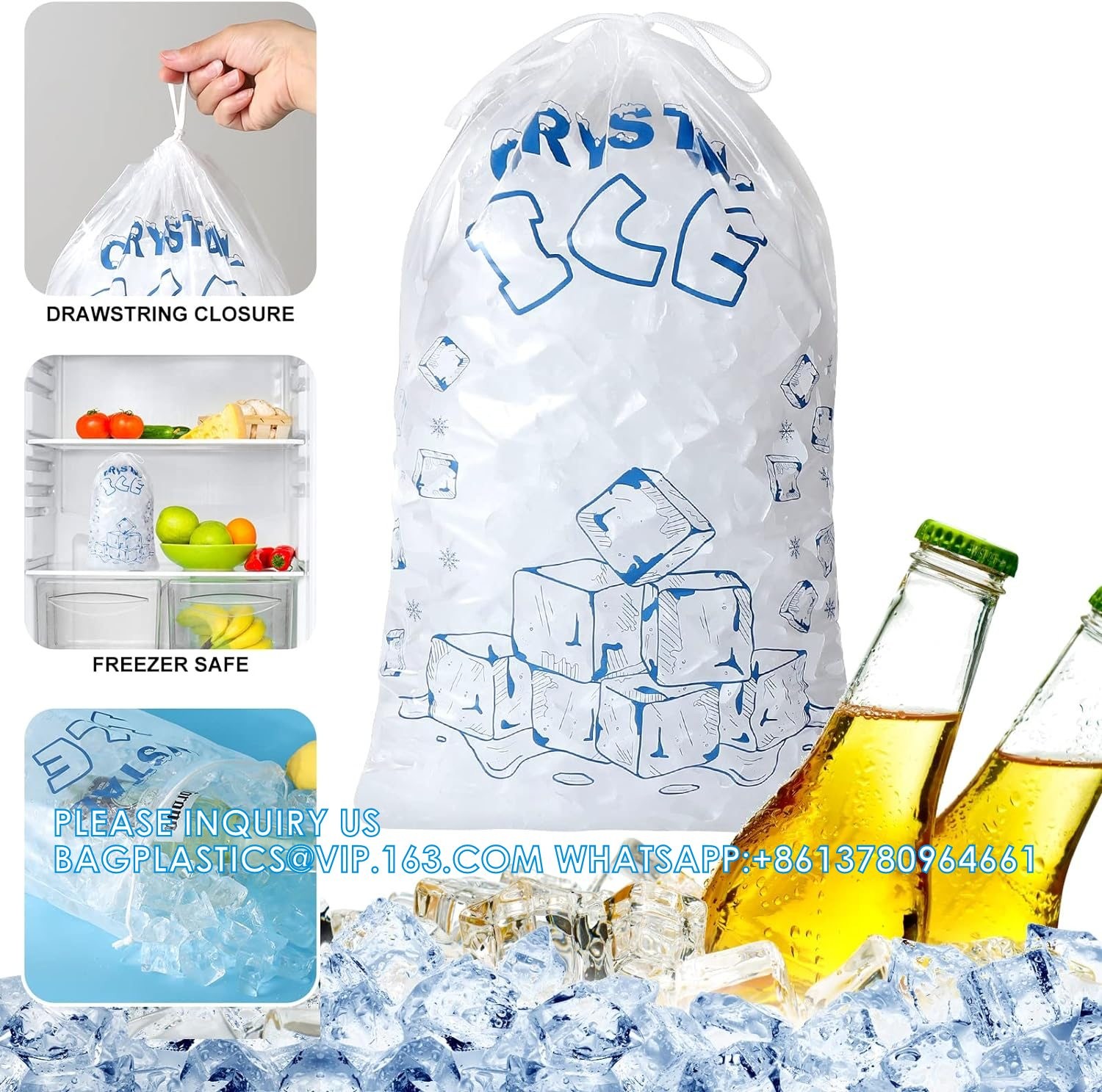 Sustainable, Recyclable, Drawstring Pack Clear Plastic Packaging Storage For Ice Storage With Draw String Closure