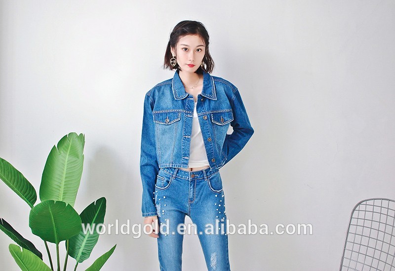 Distressed Stretch Printed Ladies Short Denim Jacket With Rhinestone Trimming