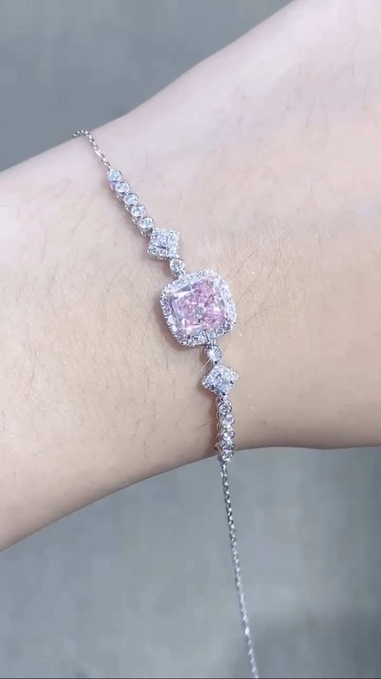 Cushion Cut Lab Created Diamond Bracelet Pink Fancy Diamond Color 1.52ct