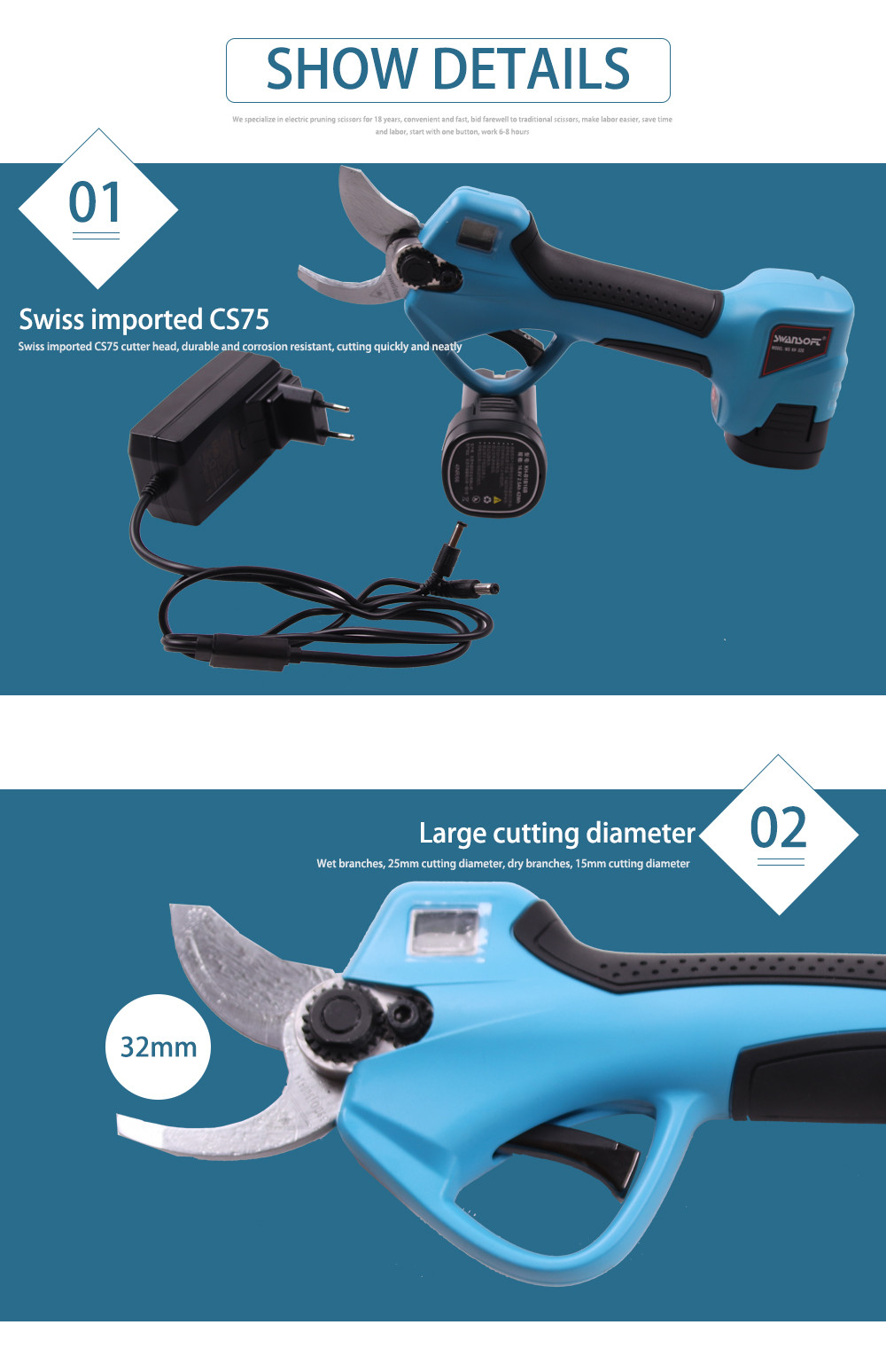 Swansoft Finger Protection 2.5CM Li battery orchard secateurs best garden tools electric pruners with LED Display