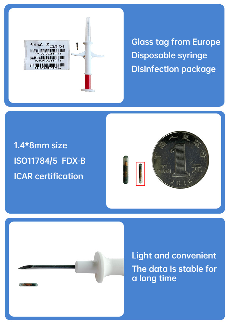 134.2Khz RFID Animal ID Microchip Syringes With 1.4*8mm Bioglass Tags For Pet Animal Injectable Transponders