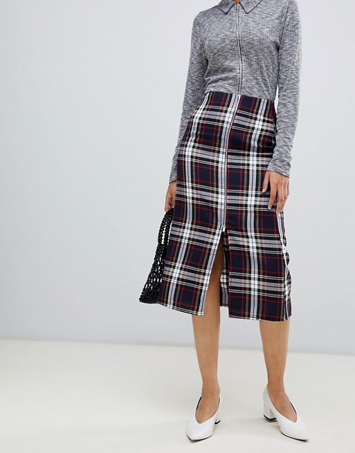 2019 fashionable new arrival tartan with zip detail midi skirt