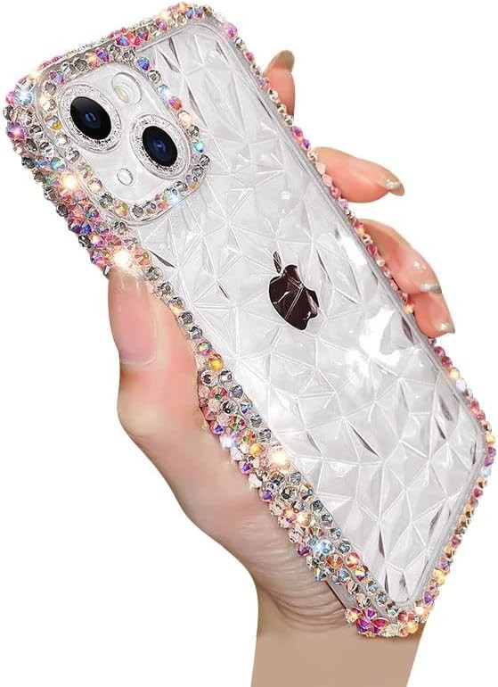 Deluxe Crystal Diamond Pattern Camera Lens Protection Transparent Soft Shockproof Cover Phone Case (blue, iPhone 13 Pro