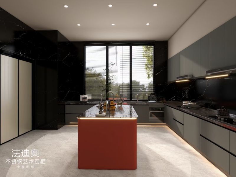 Fadior U-Shaped Layout Gray And Crimson Red Stainless Steel Kitchen Cabinet