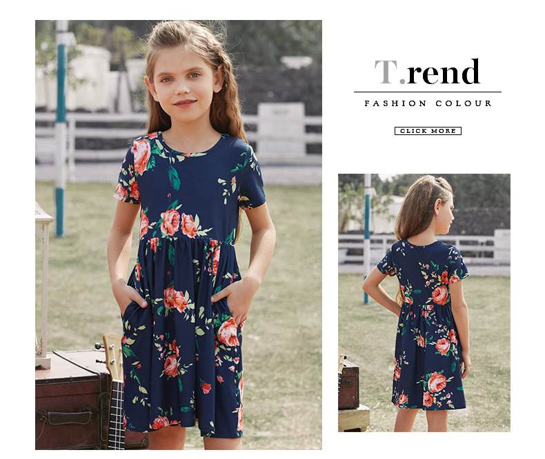 Summer Children's Clothing Solid Color Cotton Printed Short Sleeve Casual Girls Dress