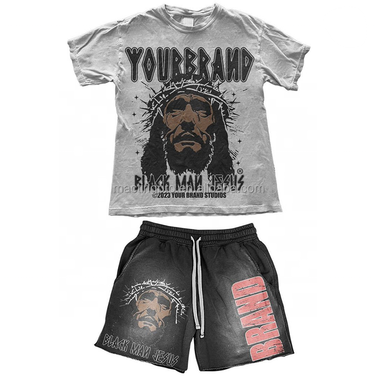 Letter Pattern Type Custom Printed Logo Sun Faded Tees T Shirt and Shorts Set for Men