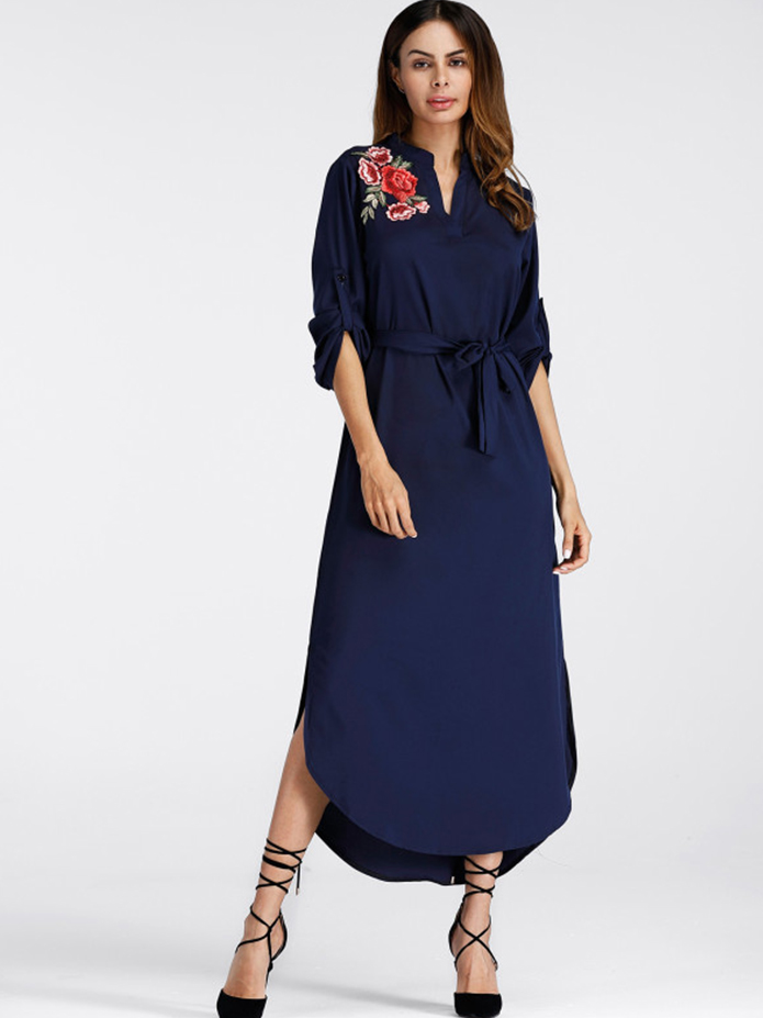 Mexican Embroidered Side Split Belt Dress
