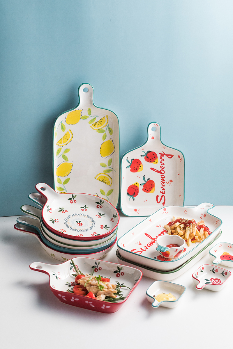 Custom Printing Ceramic Plate Set , Pizza Ceramic Bake Pan With Double Handle OEM