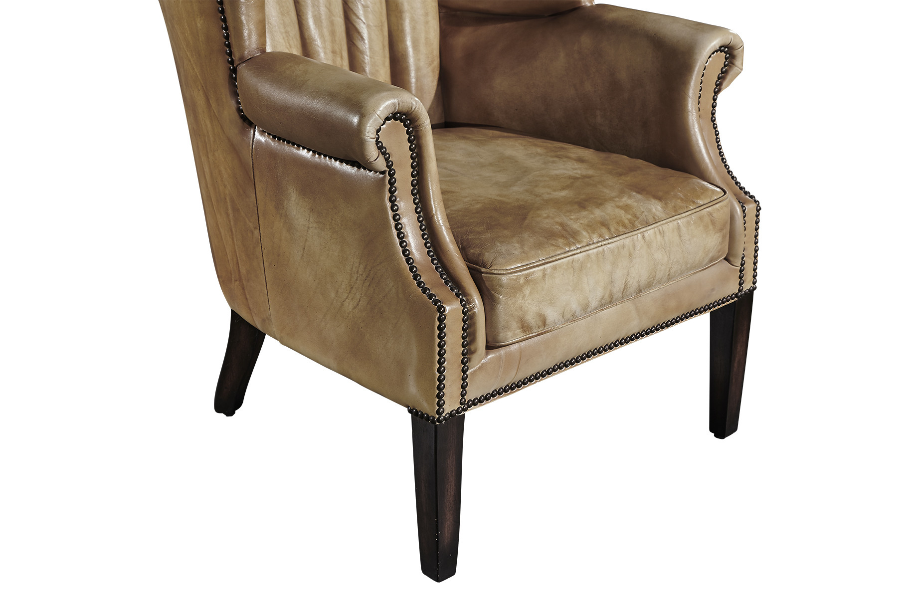 Wooden Legs Leather Wingback Chair , High Back Living Room Chair Water Wash Leather