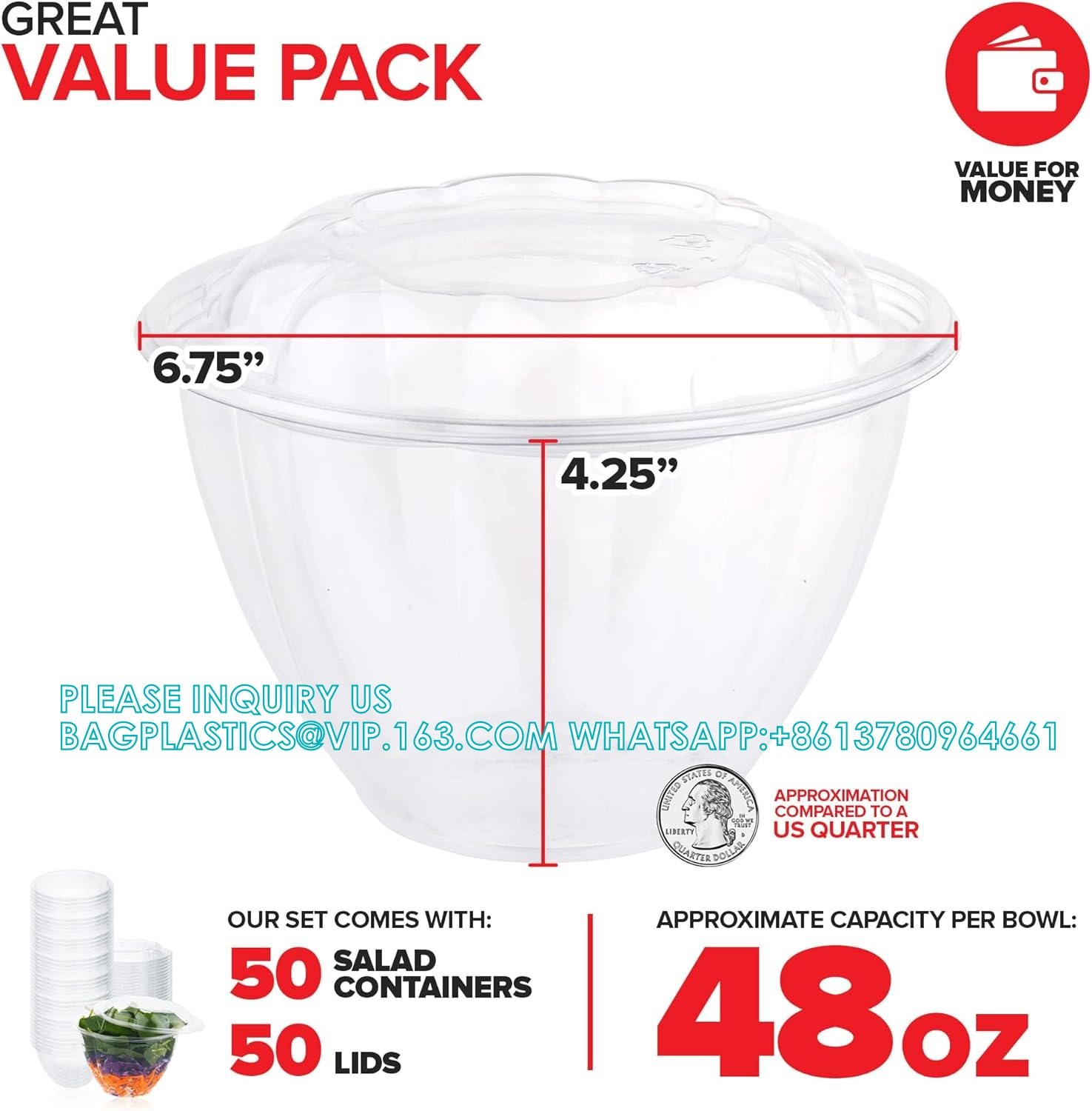 18oz Clear Plastic Salad Bowls With Lids Disposable (50 Pack) Mini Takeout Container Snap On Lid For Fruit Salads