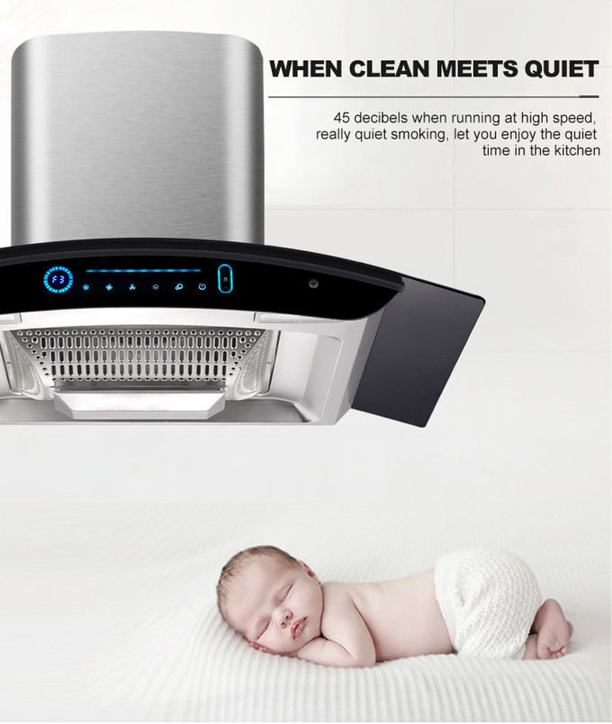 Modern Wall Mount Glass Chimney Hood with LED Lighting Aluminium or Baffle Filter Silver Model A9
