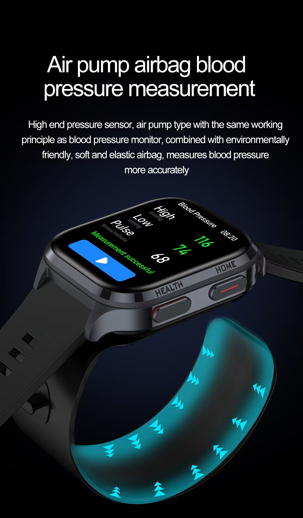 S18 Air Pump Blood Pressure Health Smart Watch With Blood Oxygen Uric Acid Monitor