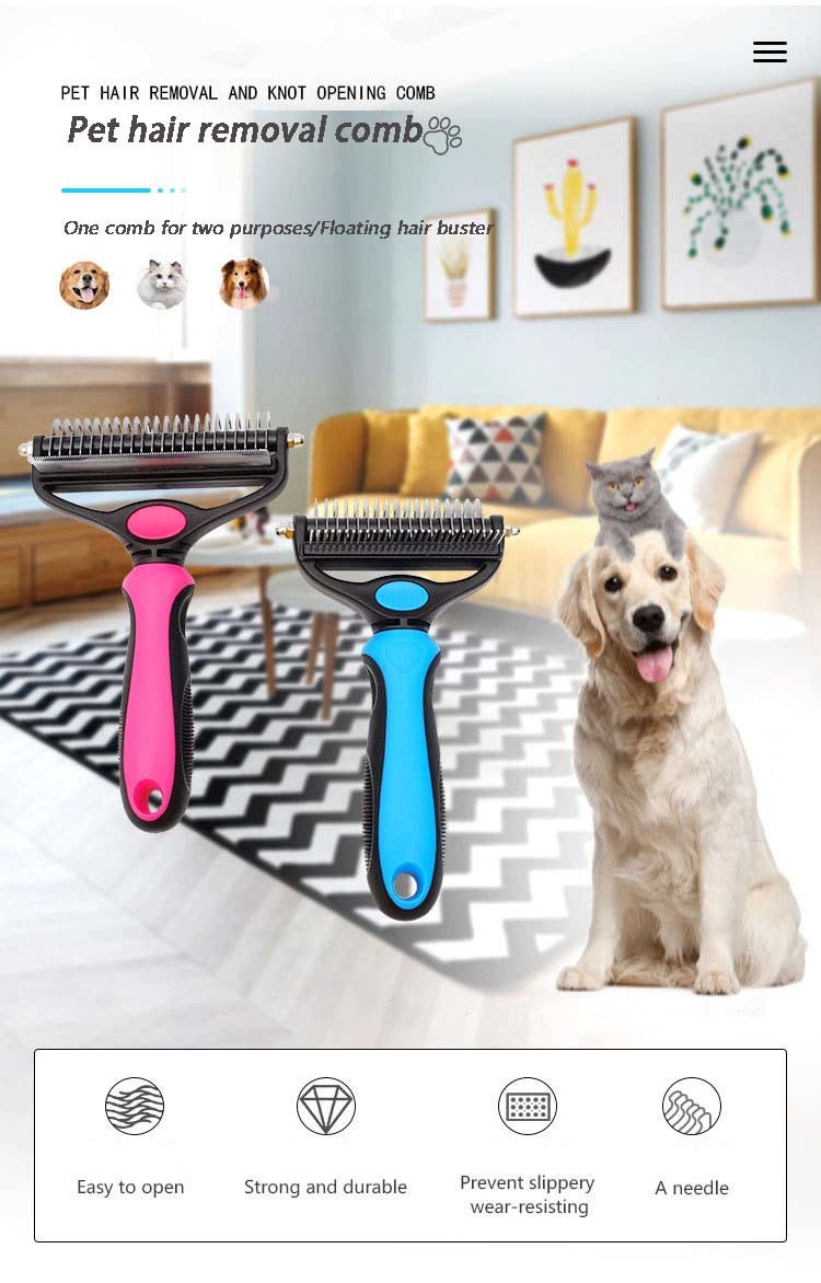 Pet 2-In-1 Detangling Grooming Comb Cat Hair Cleaner Removal Dense Toothed Dog Rake Brush