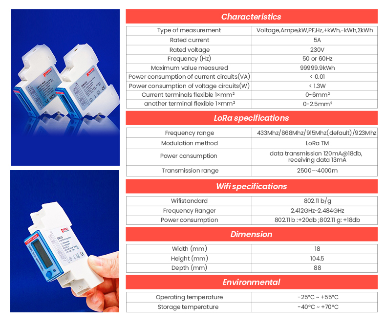 Single Phase Wifi Energy Meter EM115-Mod-WL DC 230V 45A for Energy Monitoring
