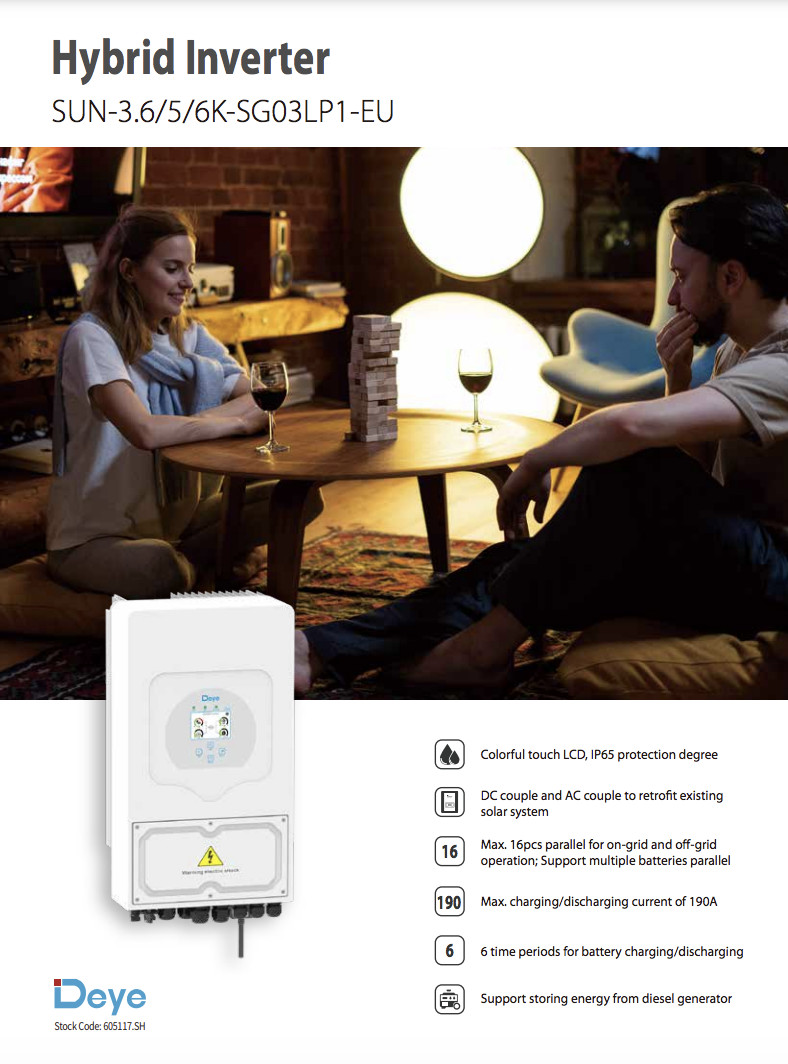 Ningbo Deye SUN-3.6/5/6K-SG03/05LP1-EU Hybrid inverter 5000W 3.6KW 5KW 6KW 48V with wifi Single phase 2 Mppt PV solar in