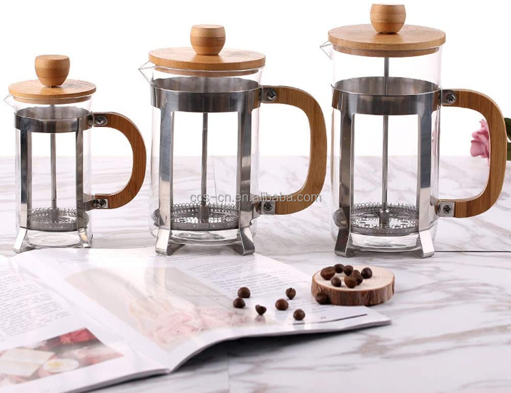 Stainless Steel Frame Portable Coffee Makers High Borosilicate Glass Coffee Press Bamboo French Press With Bamboo Handle