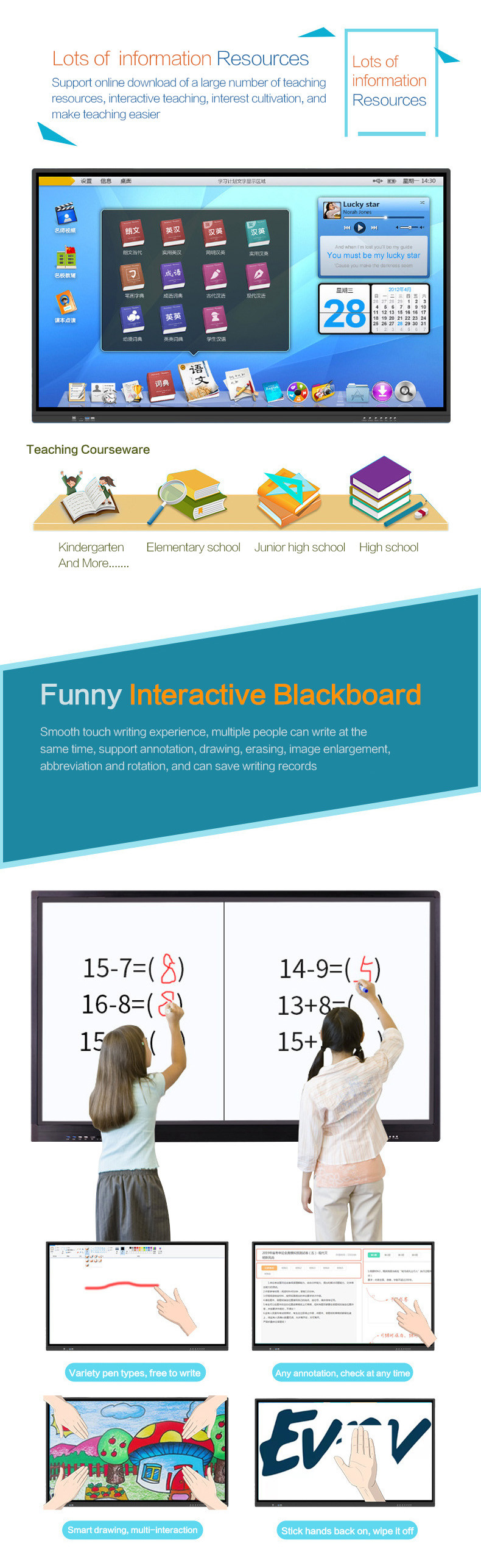High Resolution Display Touch Screen Interactive Whiteboard with Optional Built-in Microphone