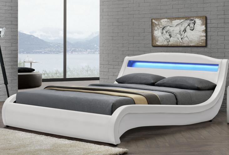 Double White LED Upholstered Bed Frame With Lights Small Leather Padded Sleigh Bed