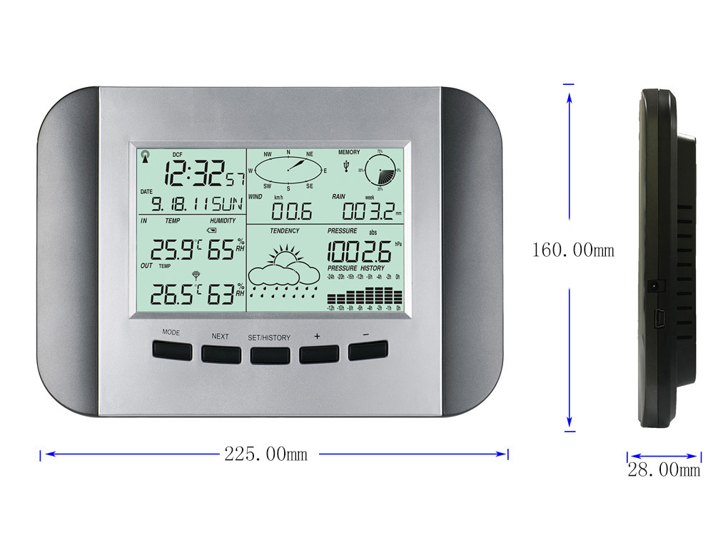 Customized OEM Support Black And Silver Solar Wireless Weather Station With PC Interface