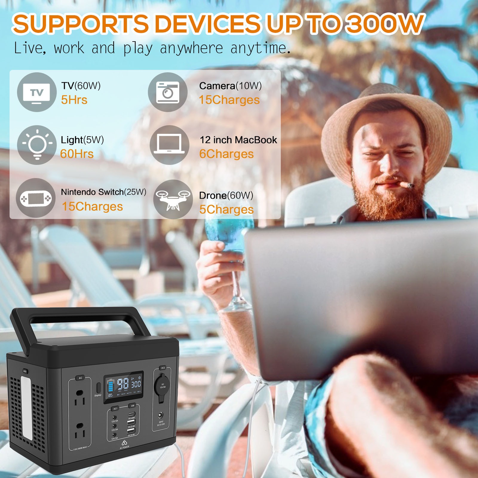 AC 110V 220V 300W USB Portable Solar Power Generator