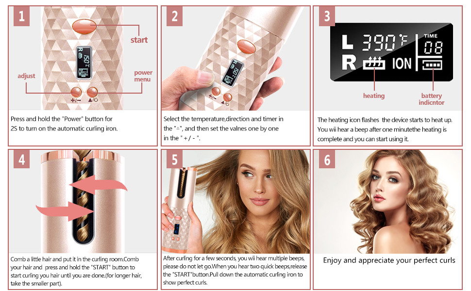 LED Display Automatic Turning Curling Iron , Ceramic Portable Usb Hair Curler