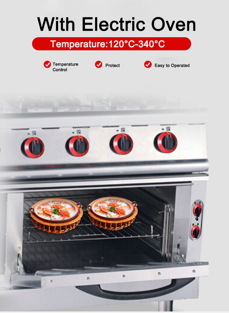 Gas 4 Burners Stove With Electric Oven for Easy Operation in Commercial Cooking Needs