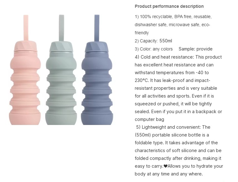 350ml 550ml 750ml Foldable Silicon Water Bottle BSCI ISO9001