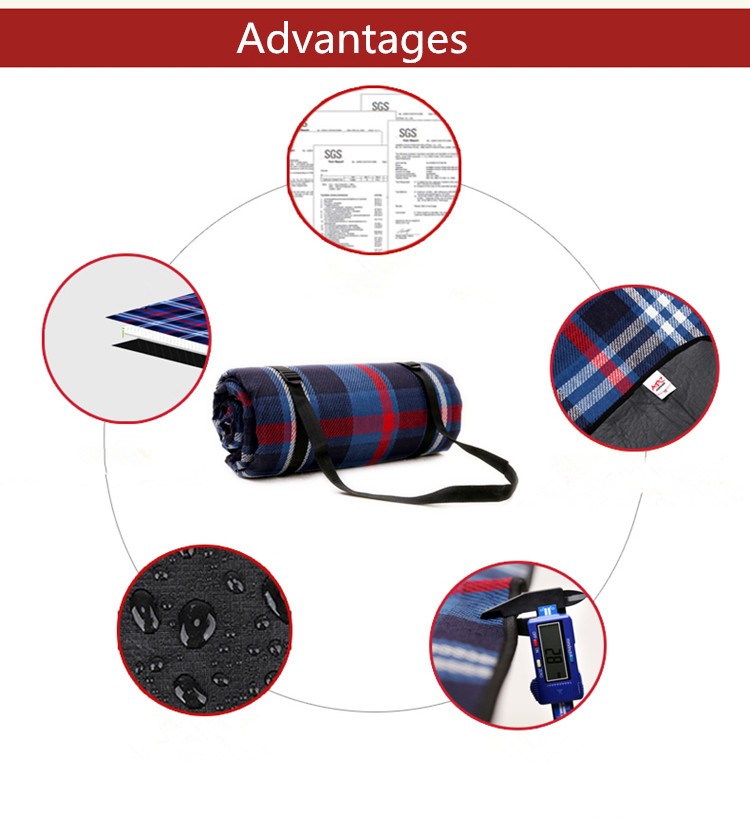 Customised logo tartan foldable camping picnic mat with waterproof PEVA backing