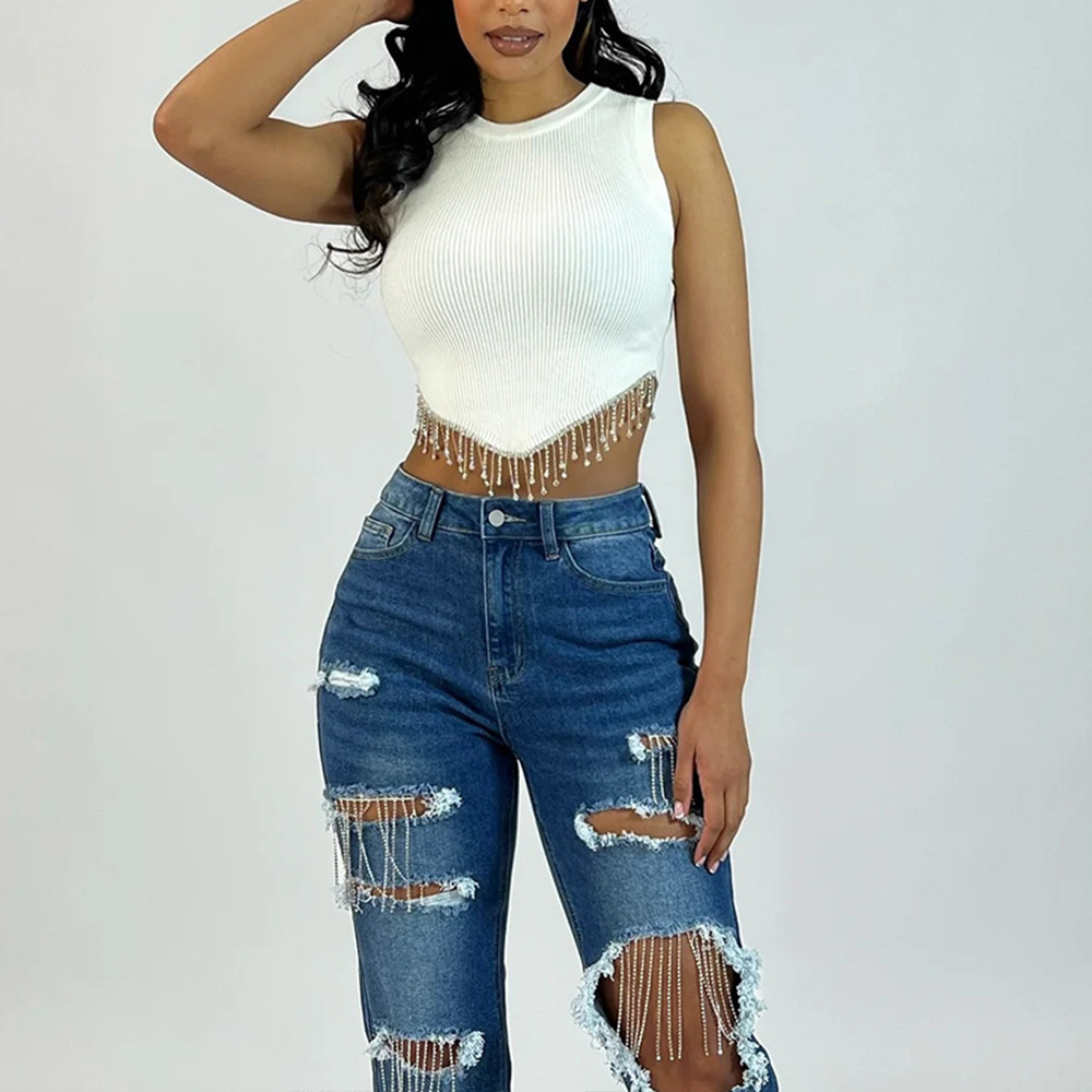 Women Casual Dress Sexy Crop Sleeveless Top With Metal Chain Fringe Vest Midi Dress