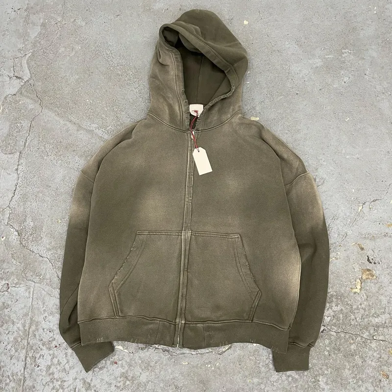 Gym Brown Acid Wash Fleece Zip Hoodie Streetwear Cotton Hoodie Blank Zip Up Vintage Acid Wash Sun Faded Distressed