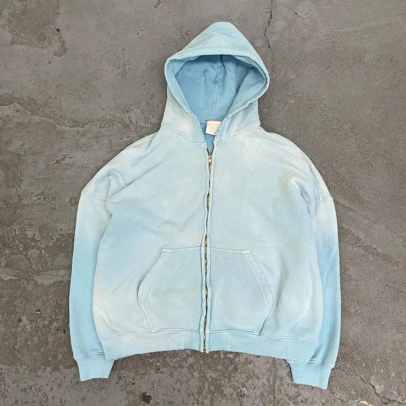 Gym Brown Acid Wash Fleece Zip Hoodie Streetwear Cotton Hoodie Blank Zip Up Vintage Acid Wash Sun Faded Distressed