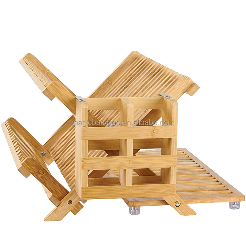 Collapsible 3 tier Bamboo Wooden Dish Drying Rack With Utensil Holder