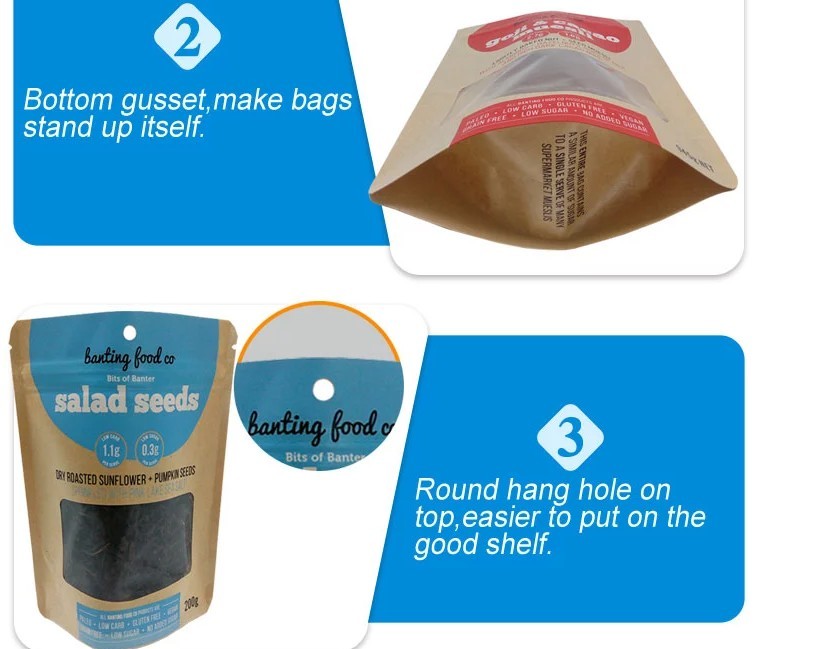 Eco friendly stand up food plastic paper bag pouch custom bag made of kraft paper with window