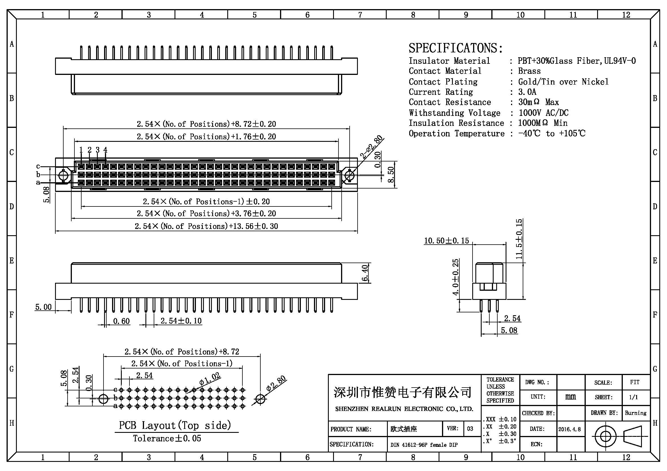 Double Row DIN 41612 Connector Board To Board Pin Header 2.54 Mm Pitch