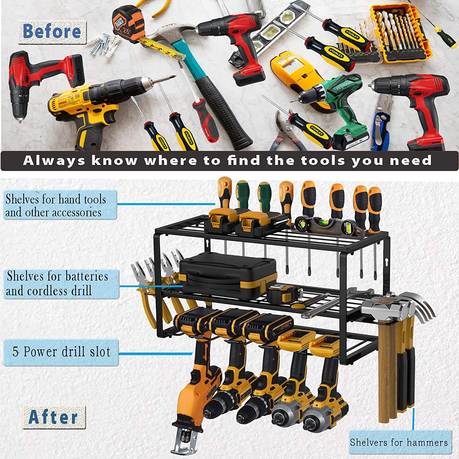5 Drill Holders Wall Mount Metal Shelf Heavy Duty Steel Power Tool Storage for Garage