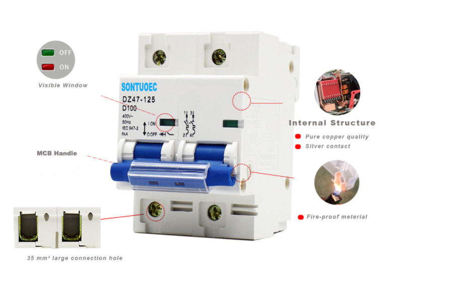 NC-125 DC Type 10KA Miniature Circuit Breaker 2P 125A Din Installation Anti Impact