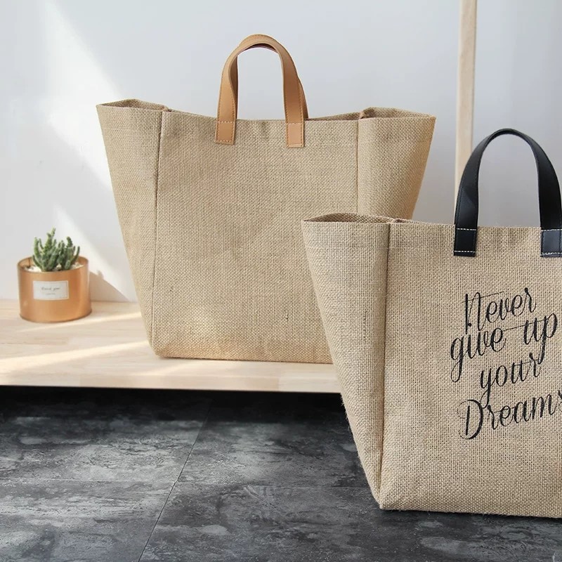 Burlap Reusable Shopping Leather Handle Jute Tote Bags