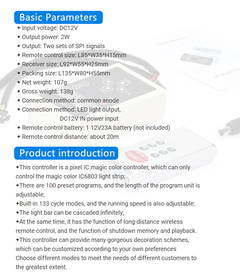 24W Customized LED Pixel Controller With RF Remote Control 133 Mode