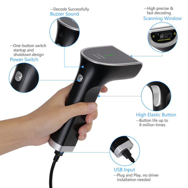 2D Wired Handheld Barcode Scanner 500 Scans/Second QR Code Reader For Supermarket