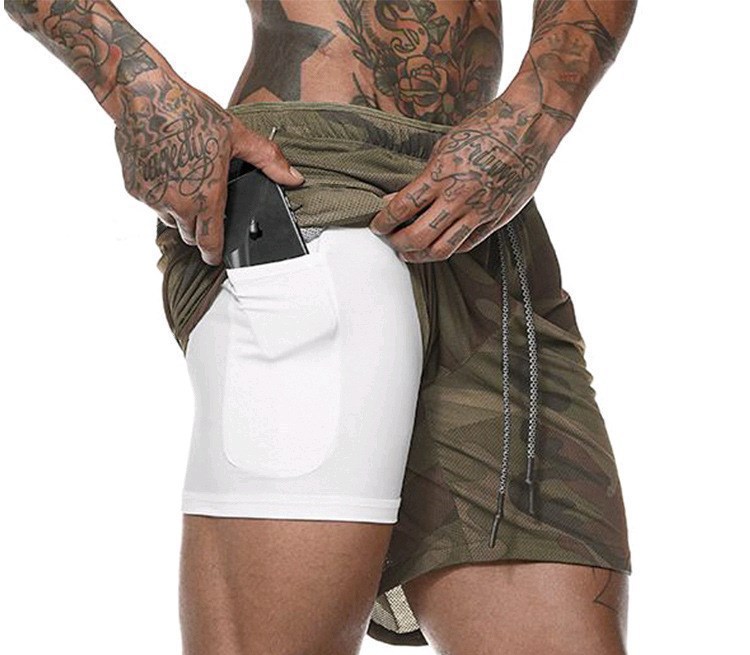 Fit Training Sports Double Layer Workout Pants Elastic Gym Men Cotton Shorts