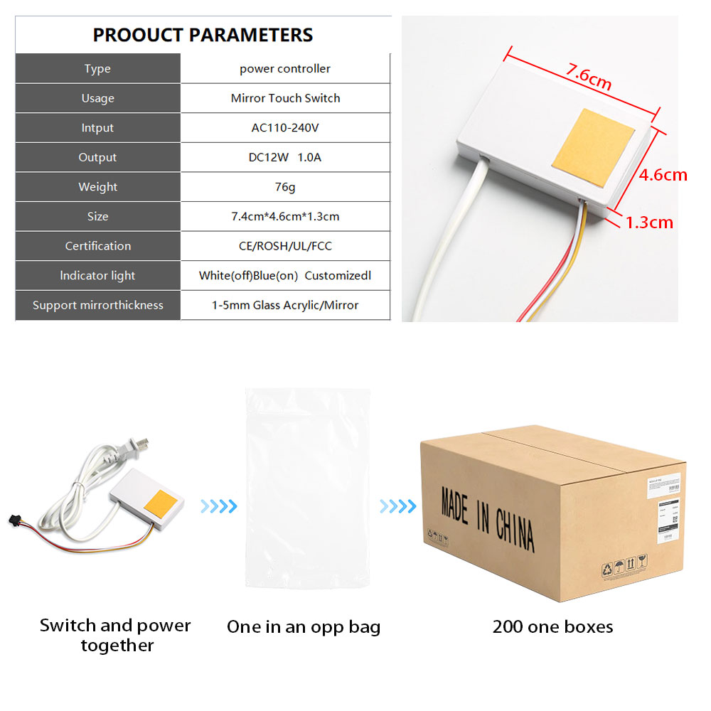 Integrated Mirror Touch Dimmer Switch for LED Bathroom Mirror 3.6cm*3.6cm*0.8cm Size