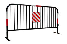 A piece of black powder coated crowd control barrier with four reflective strips on it.