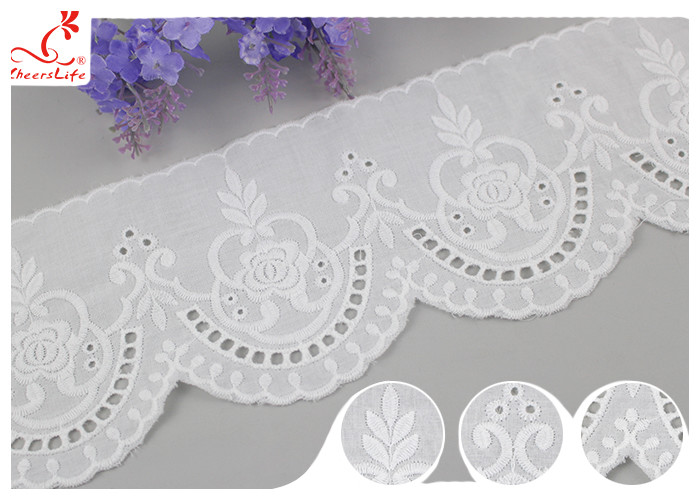 Cream Embroidered Eyelet Cotton Lace Trim Border With Floral Pattern SGS Verified