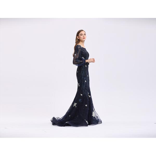 Dark Blue Lace Long Sleeve Ball Gowns , Sweep Train Elegant Long Sleeve Dresses
