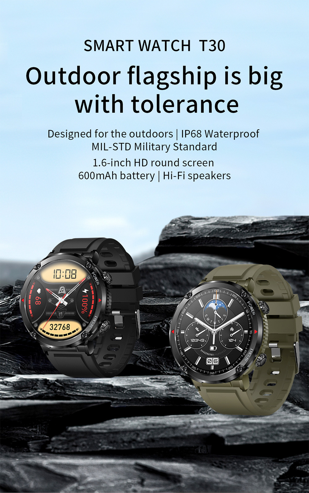 BW0423 Ip68 Sports Health Smart Watch 1.6inch IPS Round Screen 400x400 Resolution 600mah Waterproof