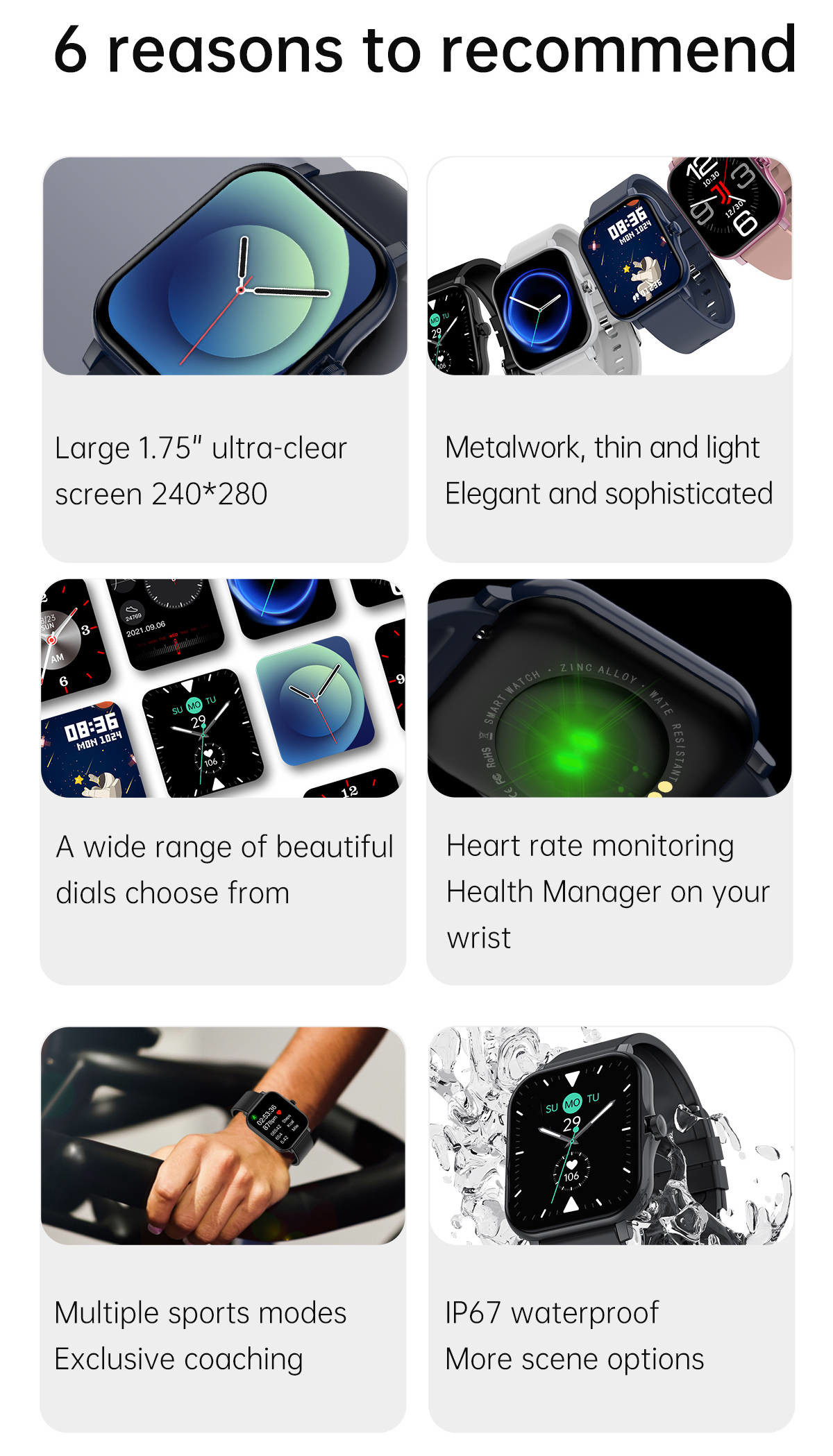 1.75 Inch Smart Bracelet Watch Large Dispaly IP67 Waterproof Exercise Tracking For Men